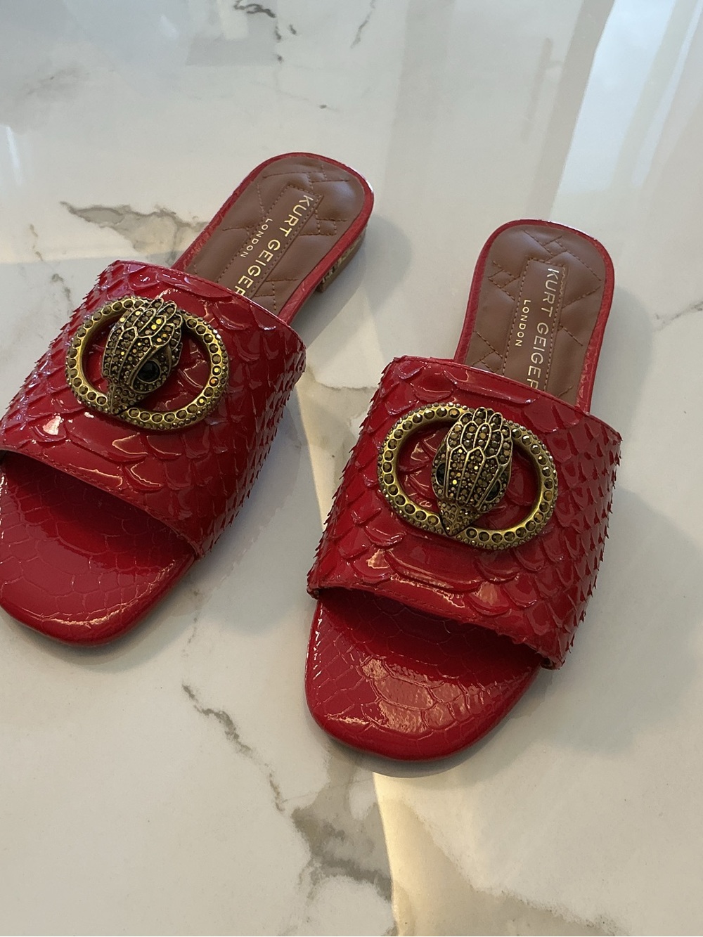 Kurt Geiger Hot Pink Embossed Slide Sandals with Ornate Gold Buckle - Picture 4 of 6